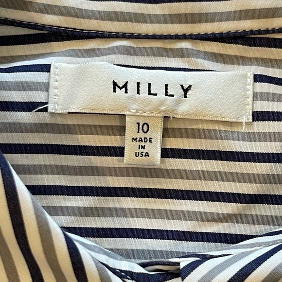 Milly Fractured Sleeve Gray Striped Button Down, Long Sleeve Cotton Blouse, 10 - Picture 4 of 16